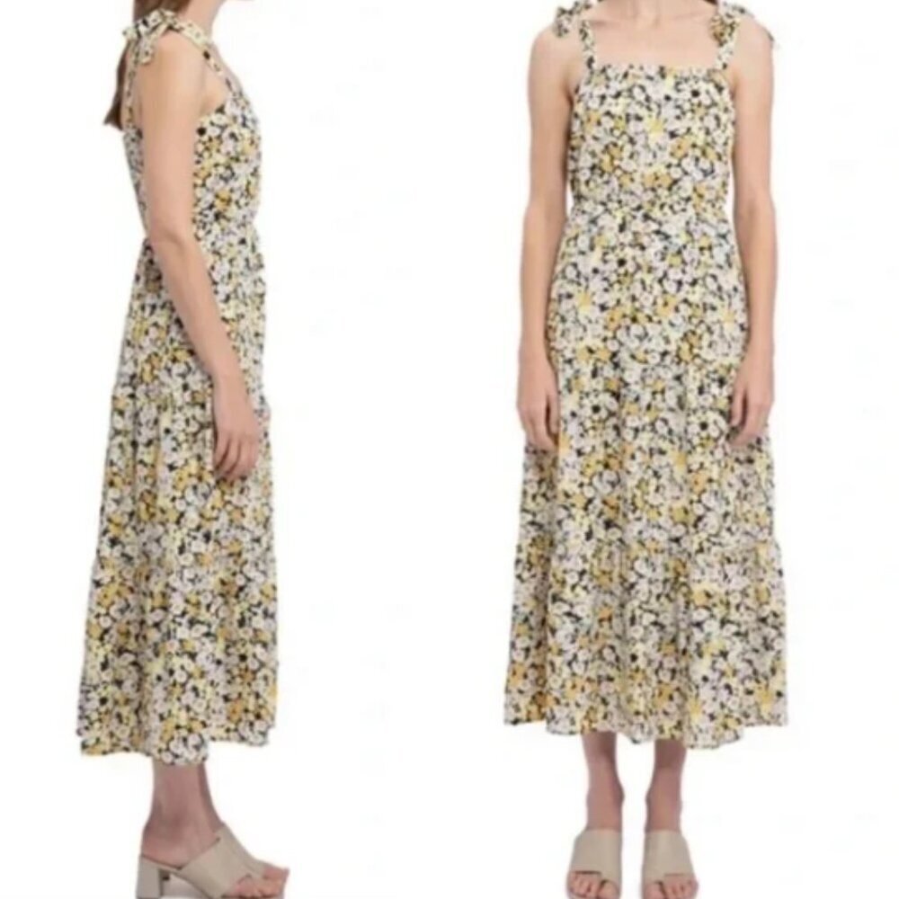 Social Standard by Sanctuary Black Yellow Floral Shoulder Tie Smocked Midi Dress - Picture 2 of 13